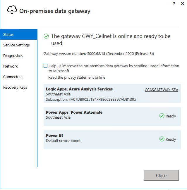 OnPrem Data Gateway (GWY_Cellnet) also shows the new "Azure Gateway" (CCASGATEWAY-SEA)
