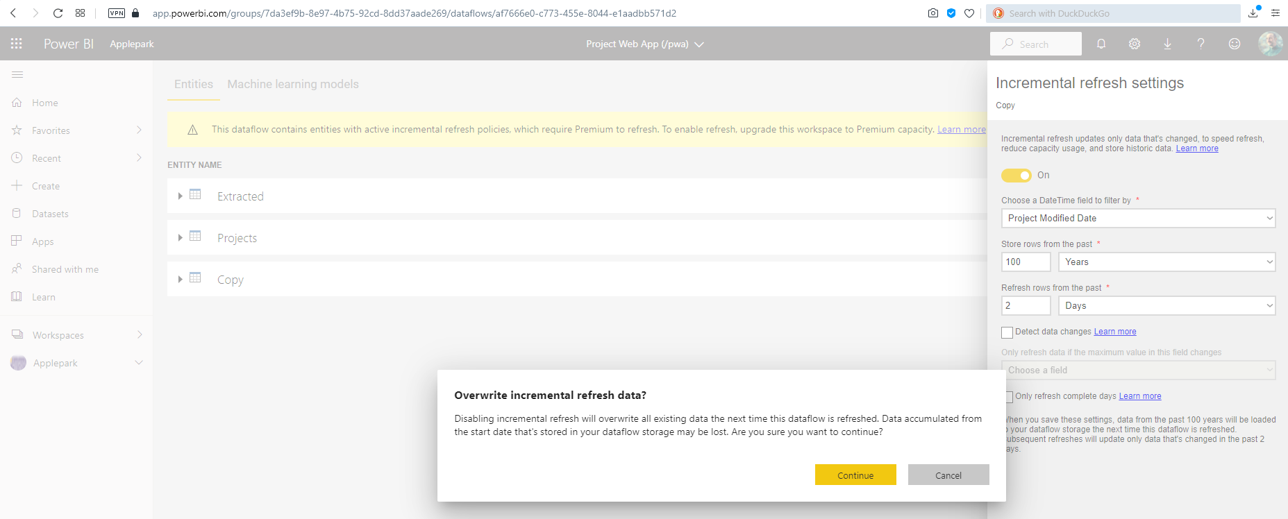 Cannot turn off Incremental refresh settings on a ... - Microsoft ...