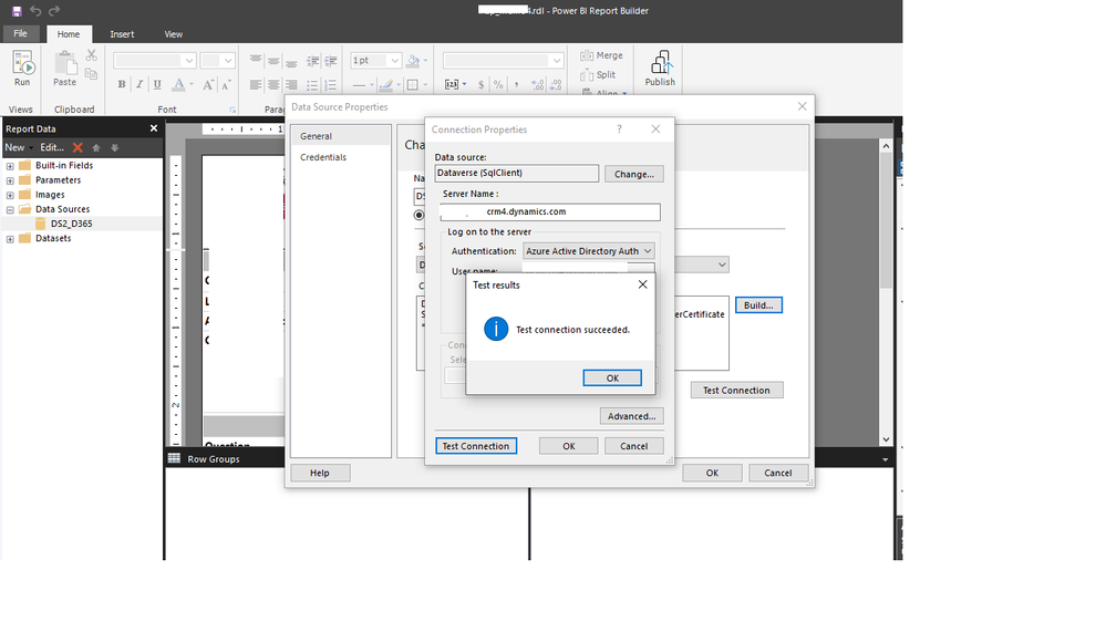 Power BI report builder - connection succeeded