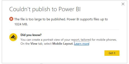 Power BI publish error due to data size issue - Microsoft Fabric Community