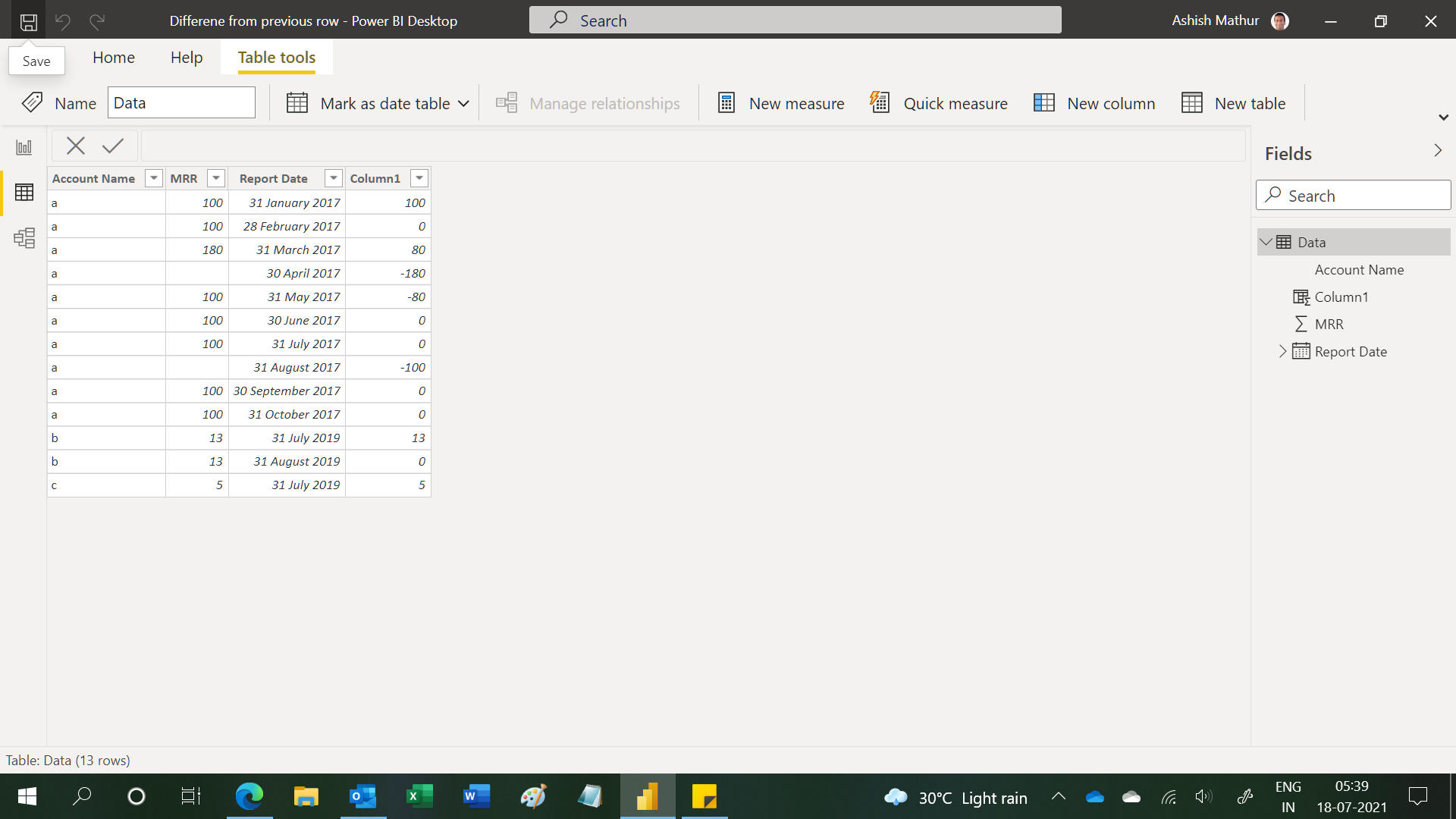 Solved: Difference between two rows - Microsoft Fabric Community