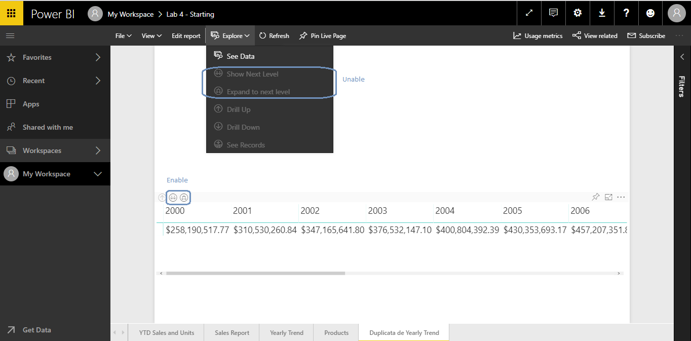 Drill drown button missing on matrix - Microsoft Fabric Community