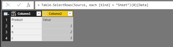 Values from Source table first row of [Data] column when [Kind] has "Sheet" value