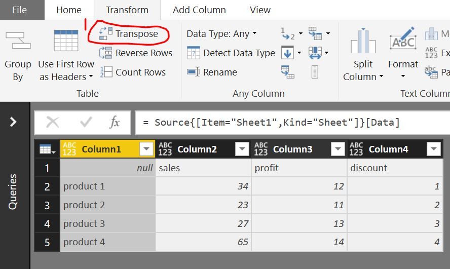 1. Transpose column to rows