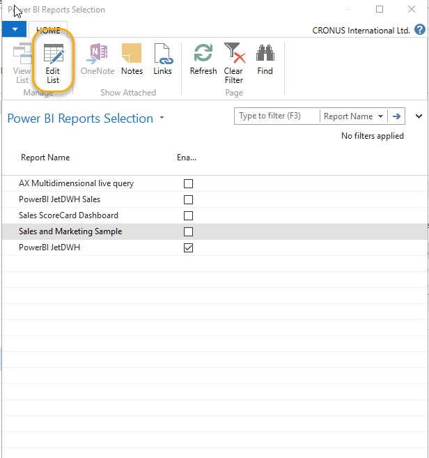 Select Edit List to choose the report