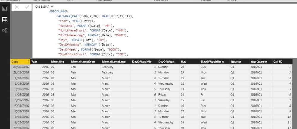 The Data View of the Calendar table creation