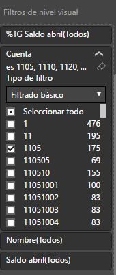 This is the filter I use to create the report ACTIVO CORRIENTE, selecting only the values that starts with 11 and 13 and have 4 digits.