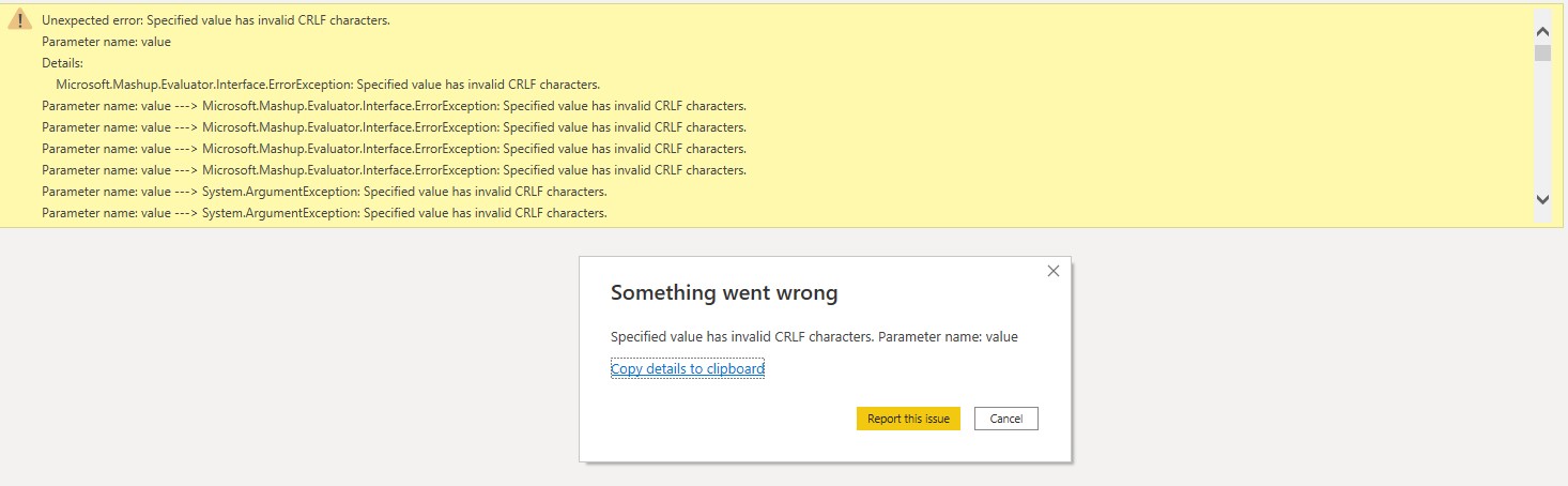 SPECIFIED VALUE HAS INVALID CRLF CHARACTERS visual data 7