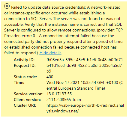 Failed to update data source credentials / Azure S... - Microsoft ...