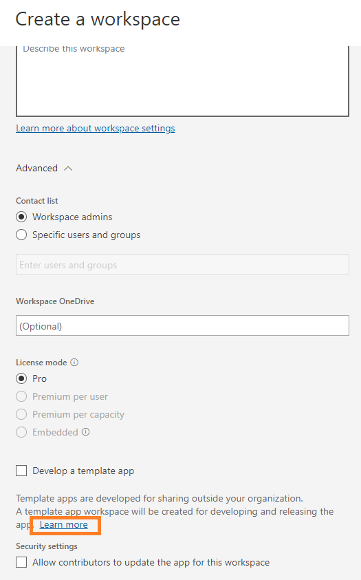 Create workspace advanced settings template app "l... - Microsoft ...