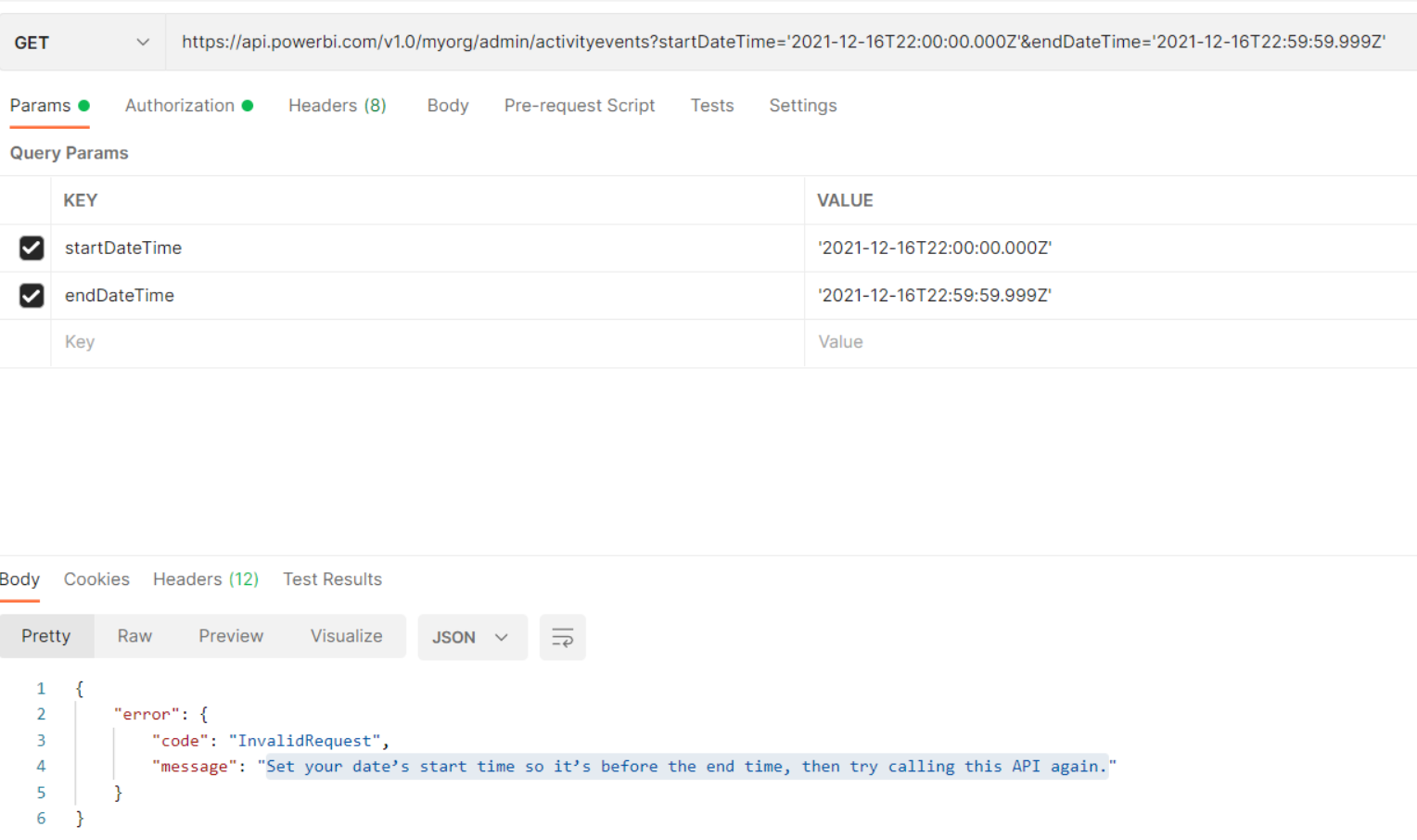 Power BI API error 