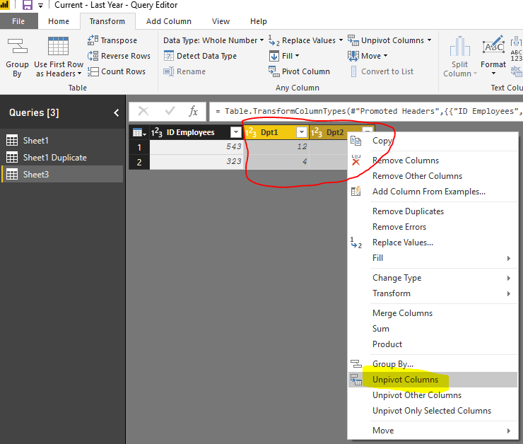 Highlight two columns and click right button on your mouse, and select Unpivot columns