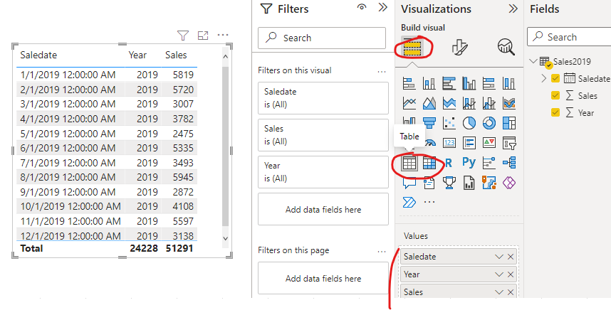 Create table visual