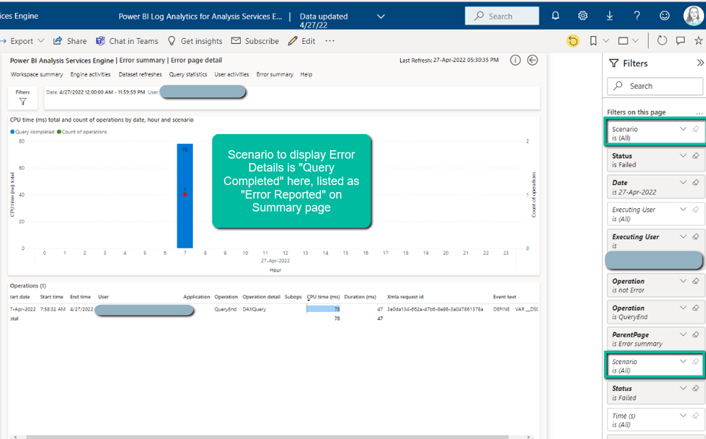 Error Details hidden report page shown with Scenario filters cleared and error info visible