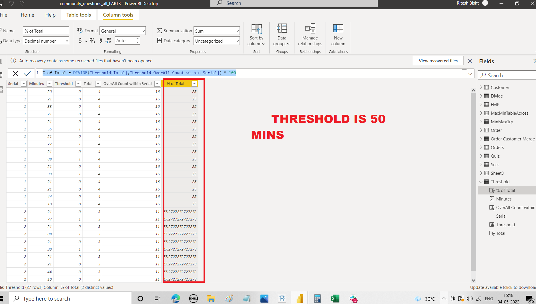 Solved: Count and % of a total for individual parts. - Microsoft Fabric ...