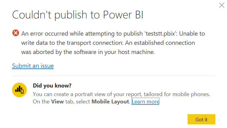 Power BI provides error message when publishing to... - Microsoft ...