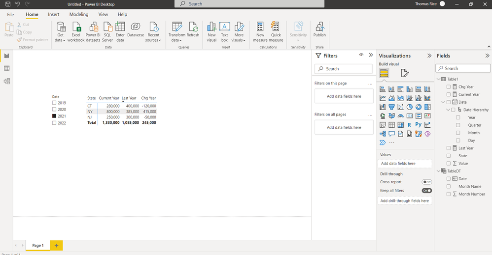 Matrix visual with year slicer