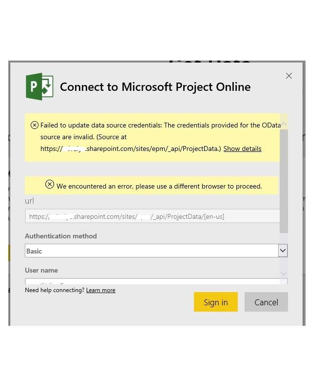 Can not connect to Project Online Power BI Content... - Microsoft ...