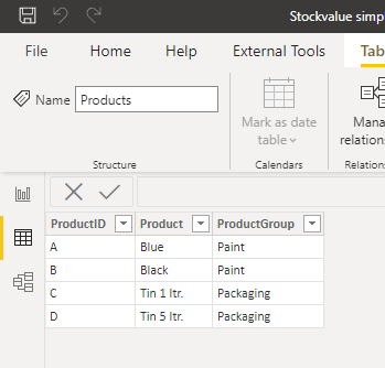 Product table