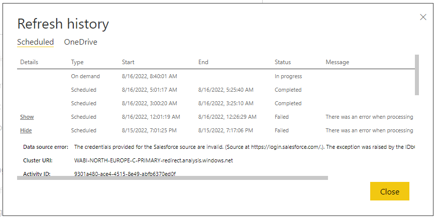 Schedule failed - Data source error: The credentia... - Microsoft ...