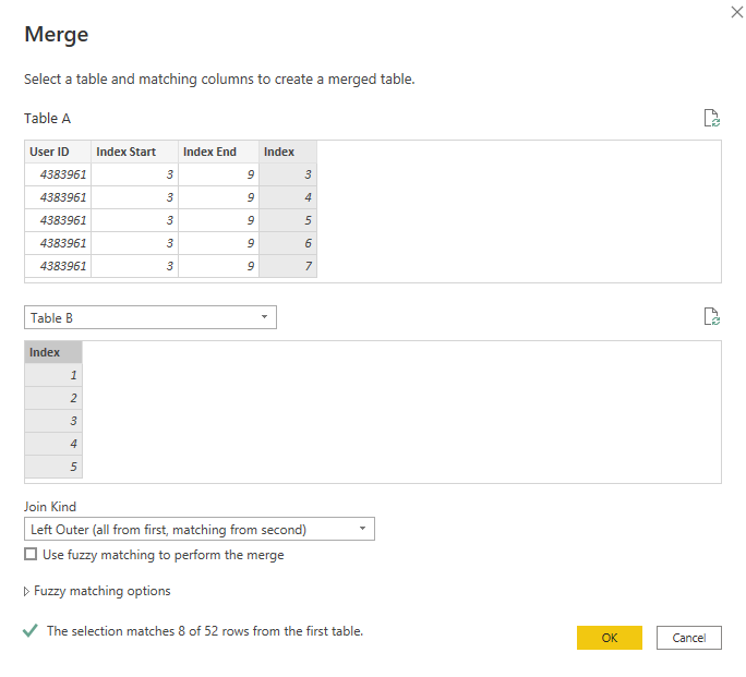 Solved: using index columns to combine data from two table ...