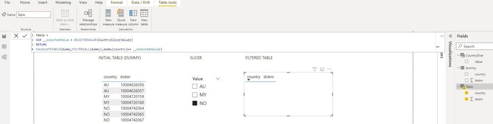 filter table using preselected text slicer value