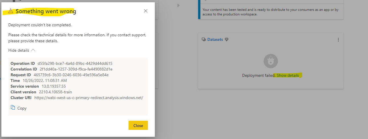 Error when pushing dataset to next stage in pipeli... - Microsoft ...