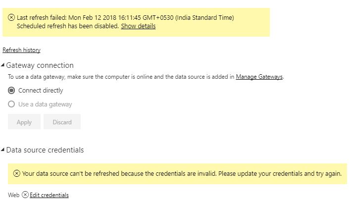 Invalid data source credentials for schedule refre... - Microsoft ...
