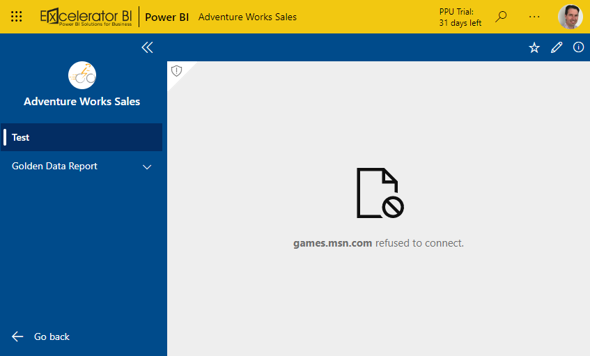 games.msn.com cannot be opened inside the content area of a Power BI App