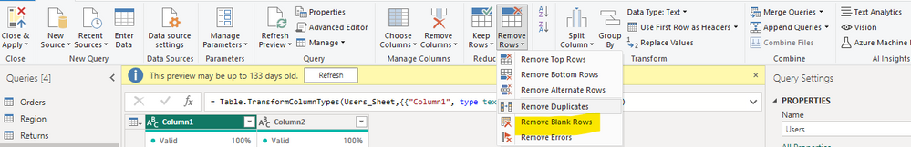 Please use Remove Blank Row in Power Query Editor