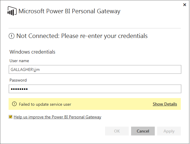 Personal Gateway Error: Failed to update service u... - Microsoft ...