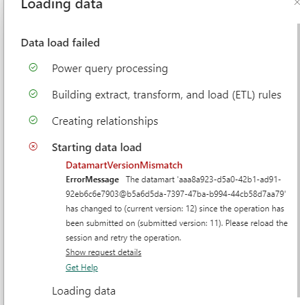 Getting 'DatamartVersionMismatch' error when loadi... - Microsoft ...