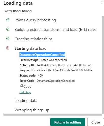Datamart error with status code 500 - Microsoft Fabric Community