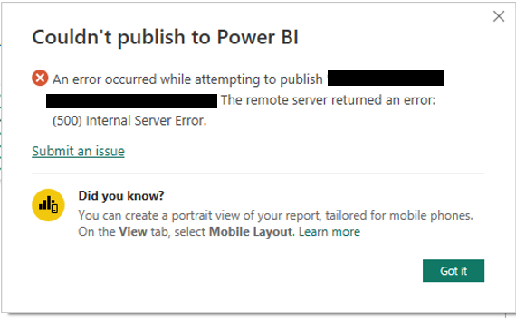 Solved: Error when publishing a report to any workspace - Microsoft ...