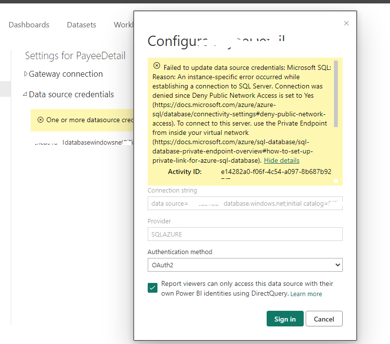 Failed to update data source credentials in Power ... - Microsoft ...