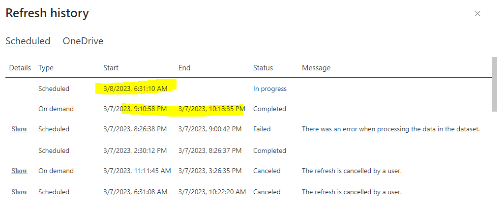 Refresh status shows in Progress all day - Microsoft Fabric Community