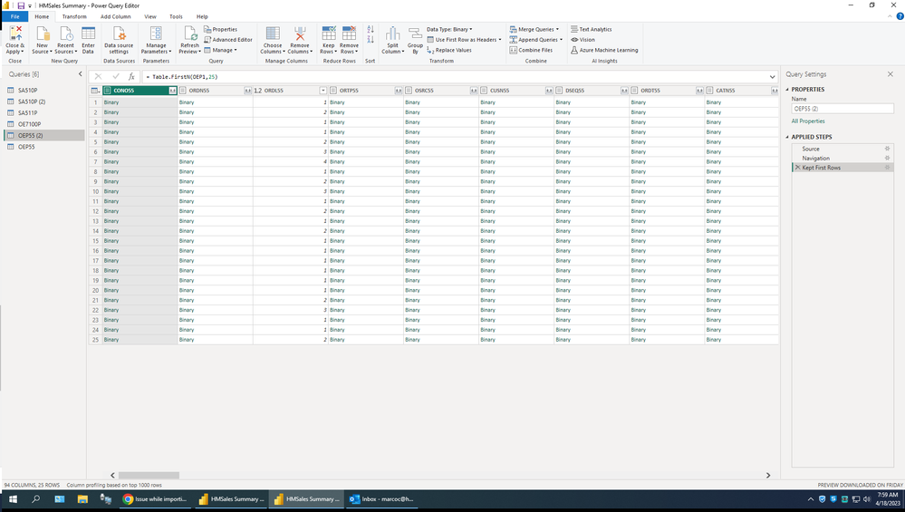 data as seen in power query editor