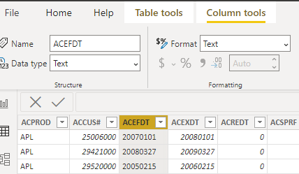 Source data field "ACEFDT" Format and Data Type are set as "Text"