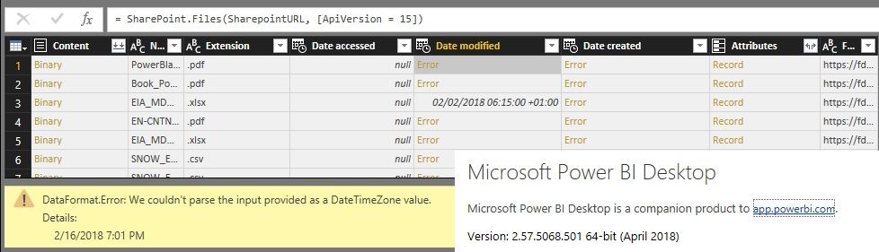 Date modified issue with Sharepoint.Files function persists in April 2018 version