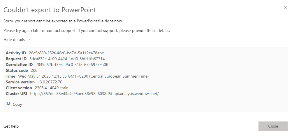 Error when trying to export to Powerpoint or PDF - Microsoft Fabric ...