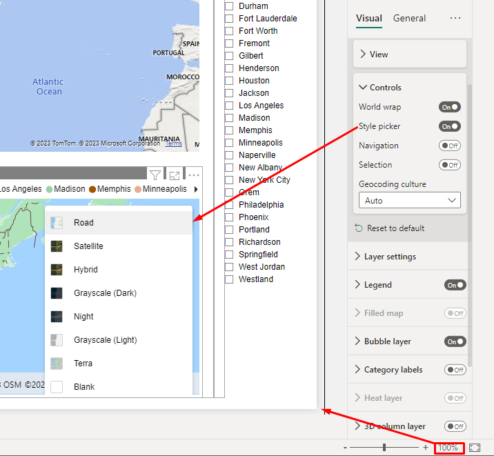 Zoom level (100%) and 'Style picker' option selected, with hover over Style picker menu demonstrating problem (menu is truncated etc.)