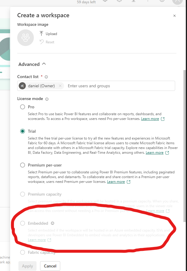 Solved: Cannot create Embedded Workspace - Microsoft Fabric Community