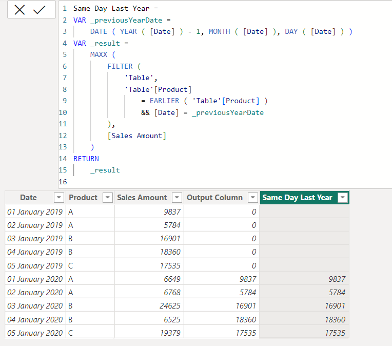 Same Day Last Year Sales in calculated column - Microsoft Fabric Community