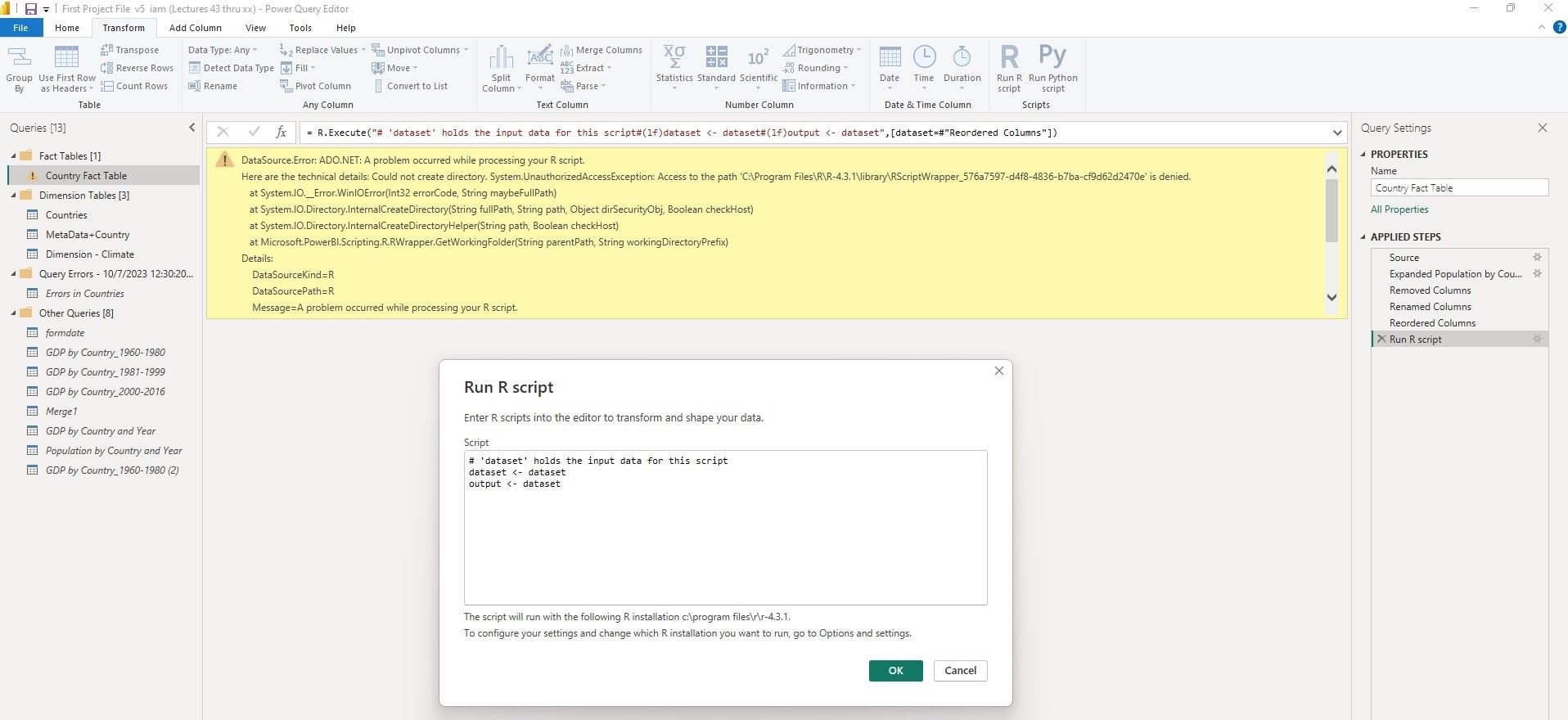 Power BI generates ERROR after running R Script - Microsoft Fabric ...